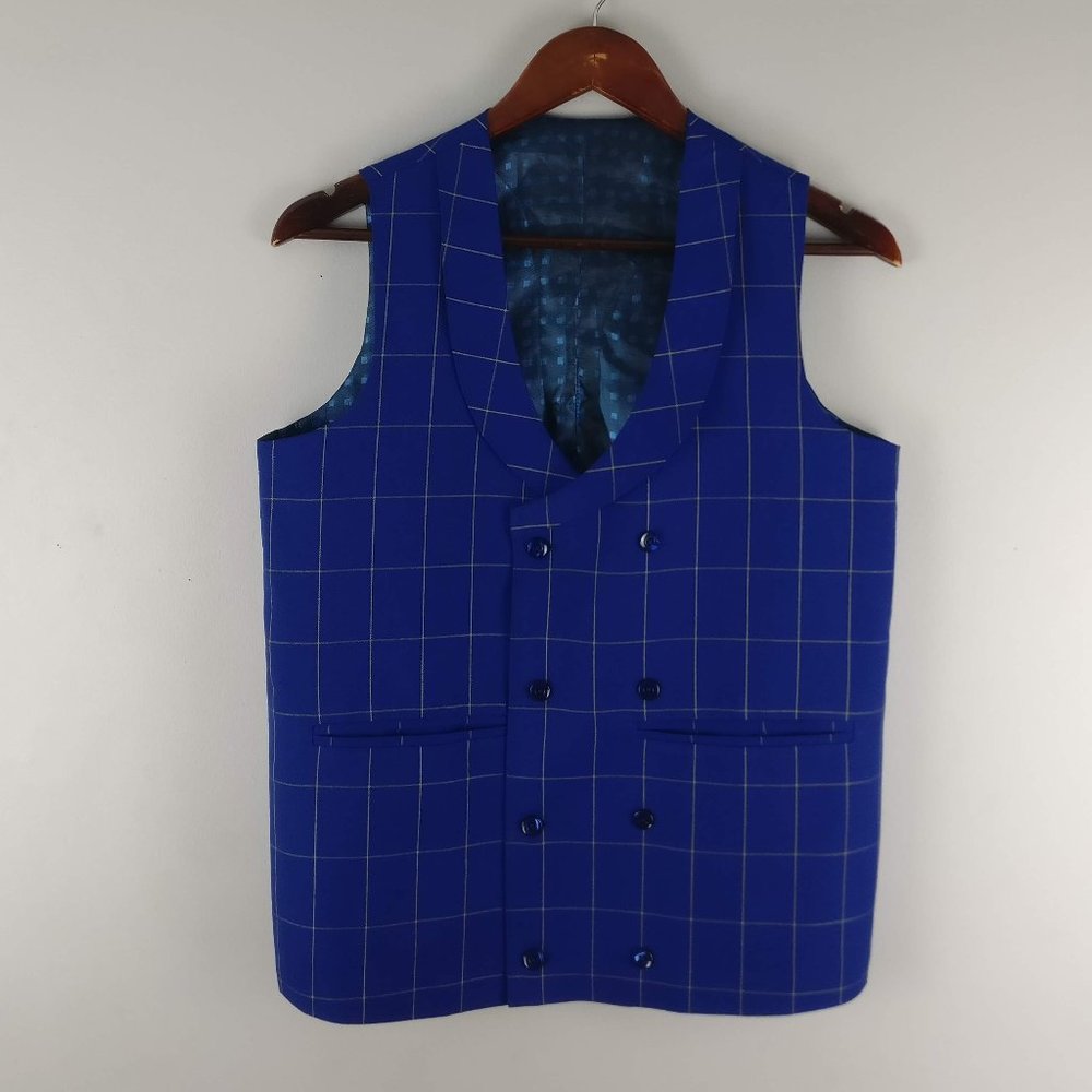 Majestic Cobalt Royal Blue Checkered Double breasted Vest 36R Event Formal CEO